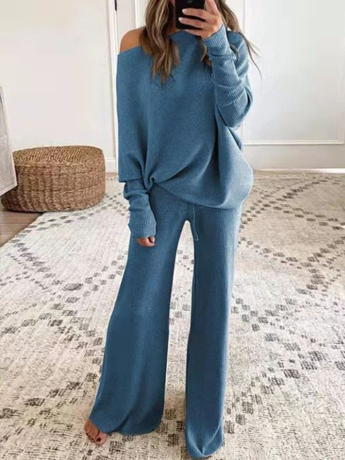 Knitted Long Sleeves Solid Top and Pants Two Pieces Sets