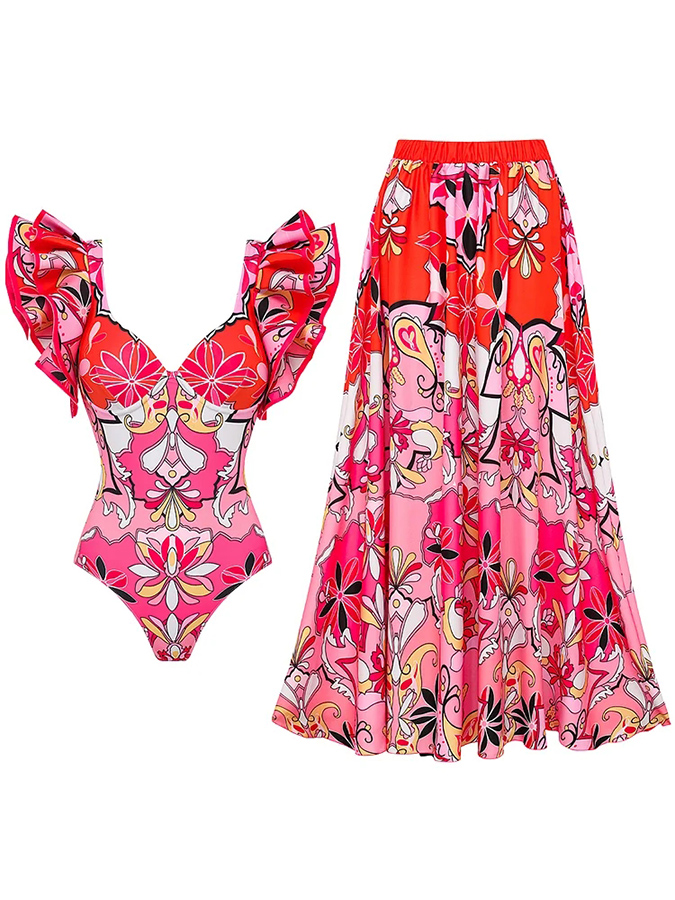 Ruffle Sleeves Printed One Piece Swimsuit and Sarong