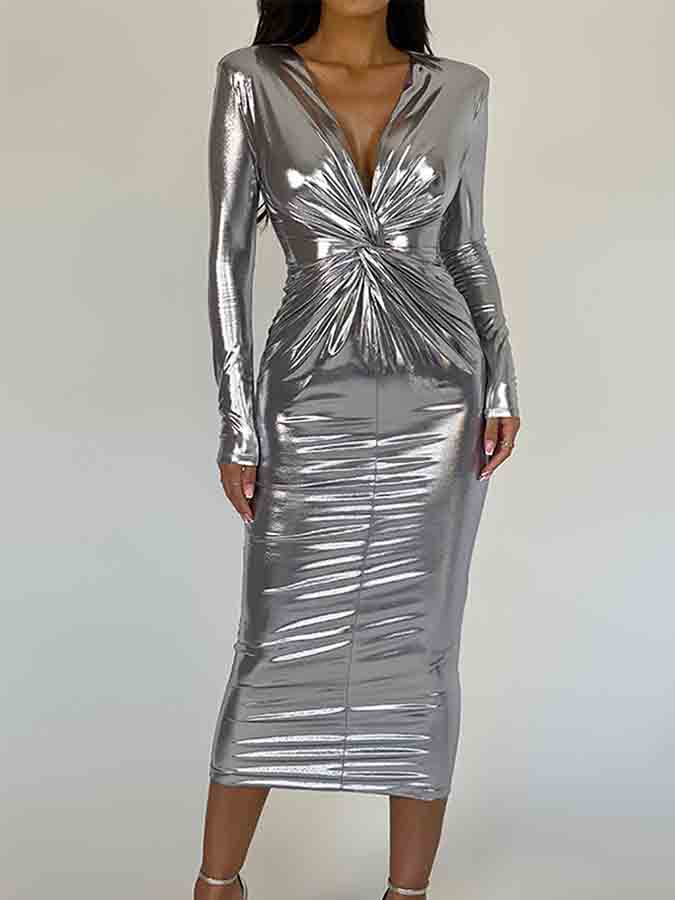 Long Sleeves V Neck Stunning Slim Midi Dress