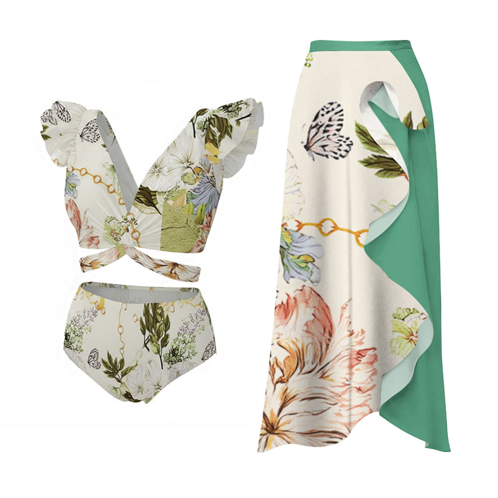 Floral Butterfly Print Deep V Ruffle with Twisted Front Bikini and Sarong Skirt
