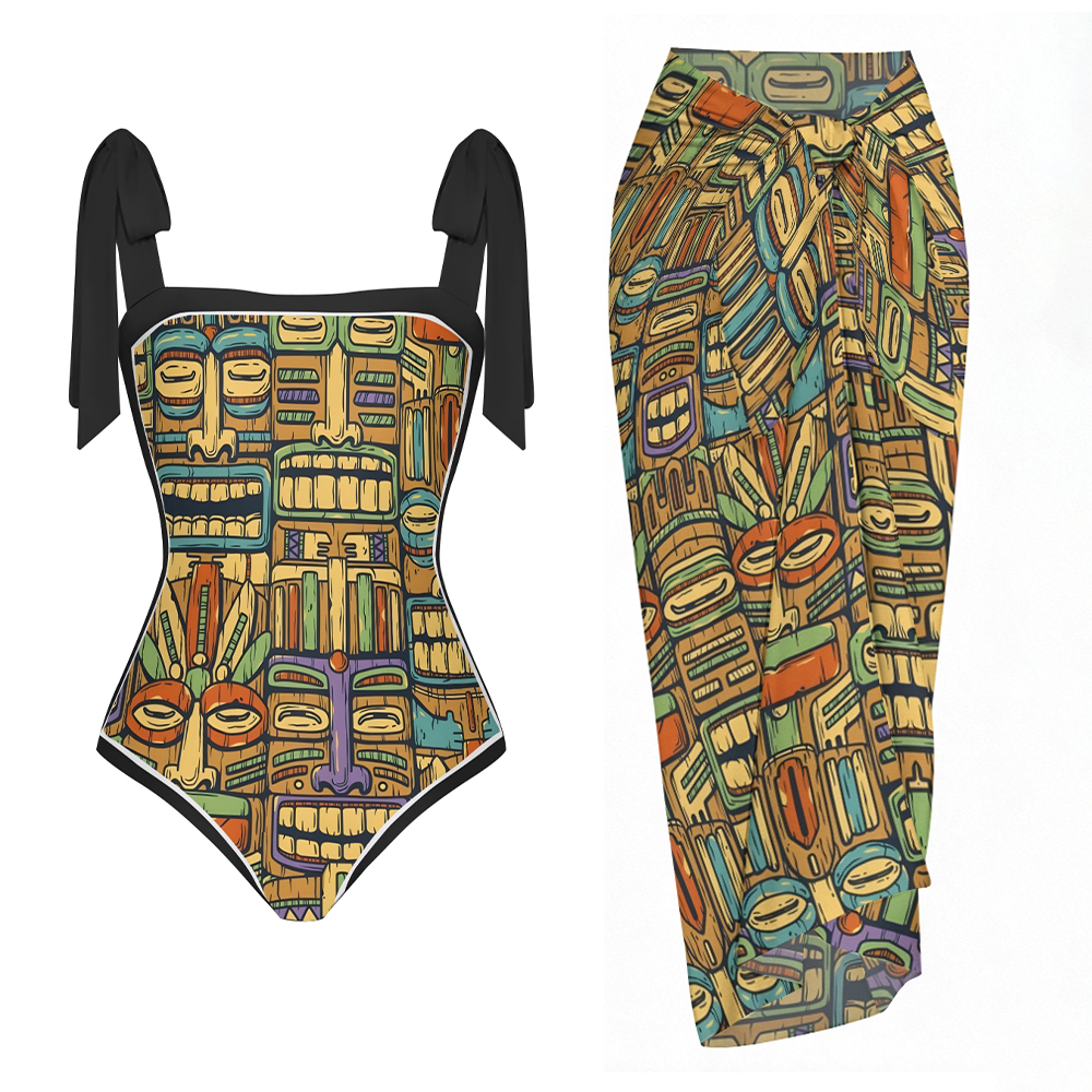 Boho Tribal Print One-Piece Swimsuit with Matching Sarong Skirt