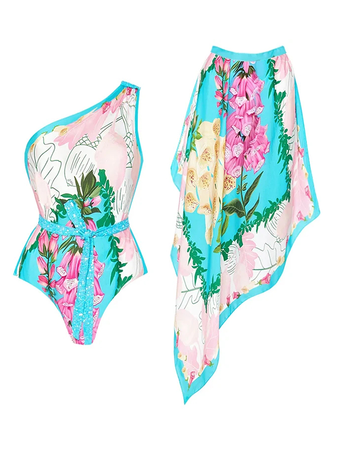 Printed One Shoulder One Piece Swimsuit and Skirt