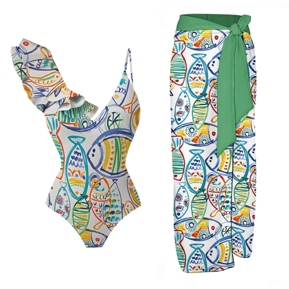 Fun Fish Print One Piece Swimsuit Set with Matching Wrap Skirt
