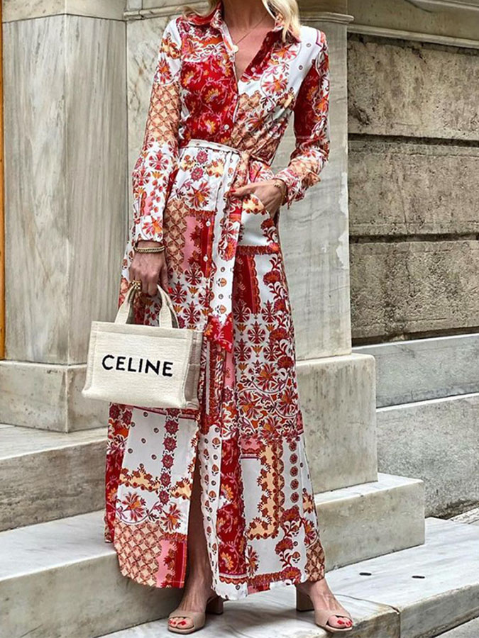 Red Long Sleeves Printed Lace-up Maxi Dress