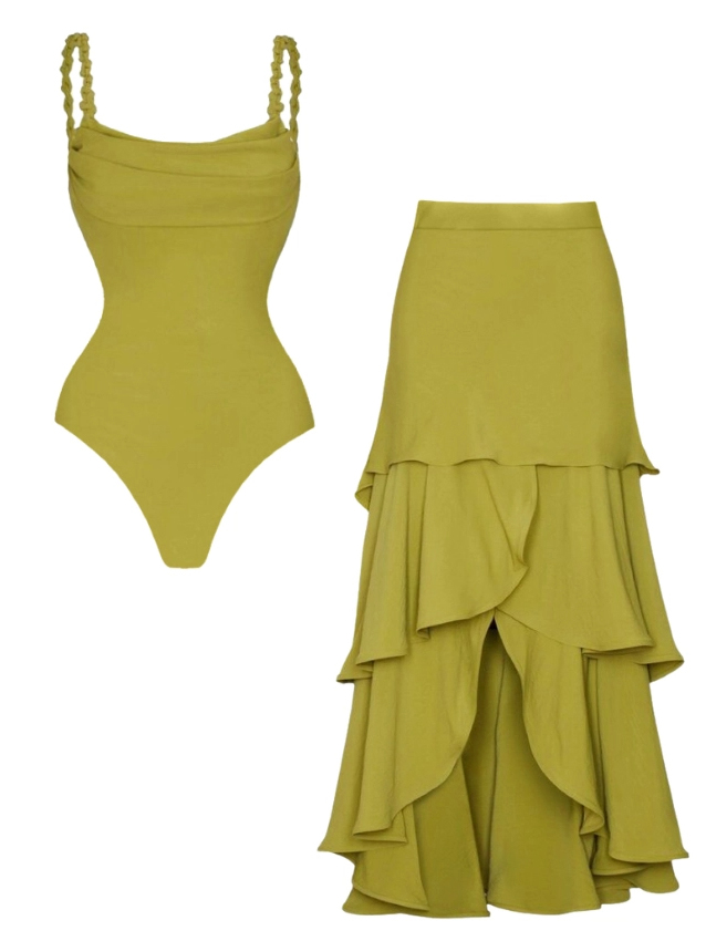 Retro Mustard Yellow Twist Strap Bandeau One Piece Swimsuit with Asymmetrical Ruffle Maxi Skirt Set