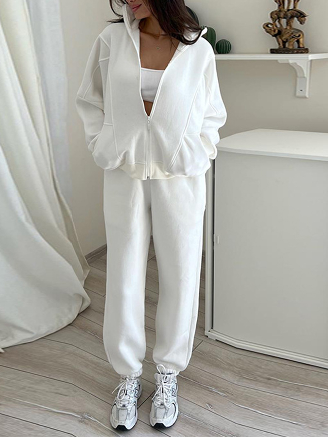 Plush Standing Collar Long Sleeved Sweatshirt and Pants Casual Suit