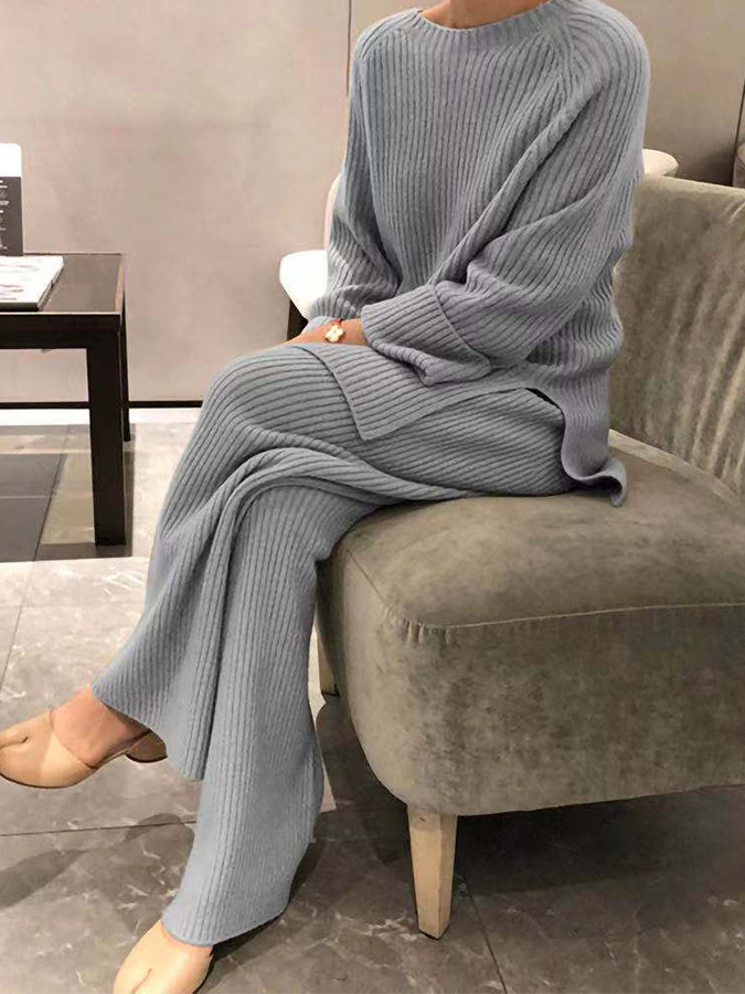 Solid Knitted Sweaters and Pants Two Pieces Sets