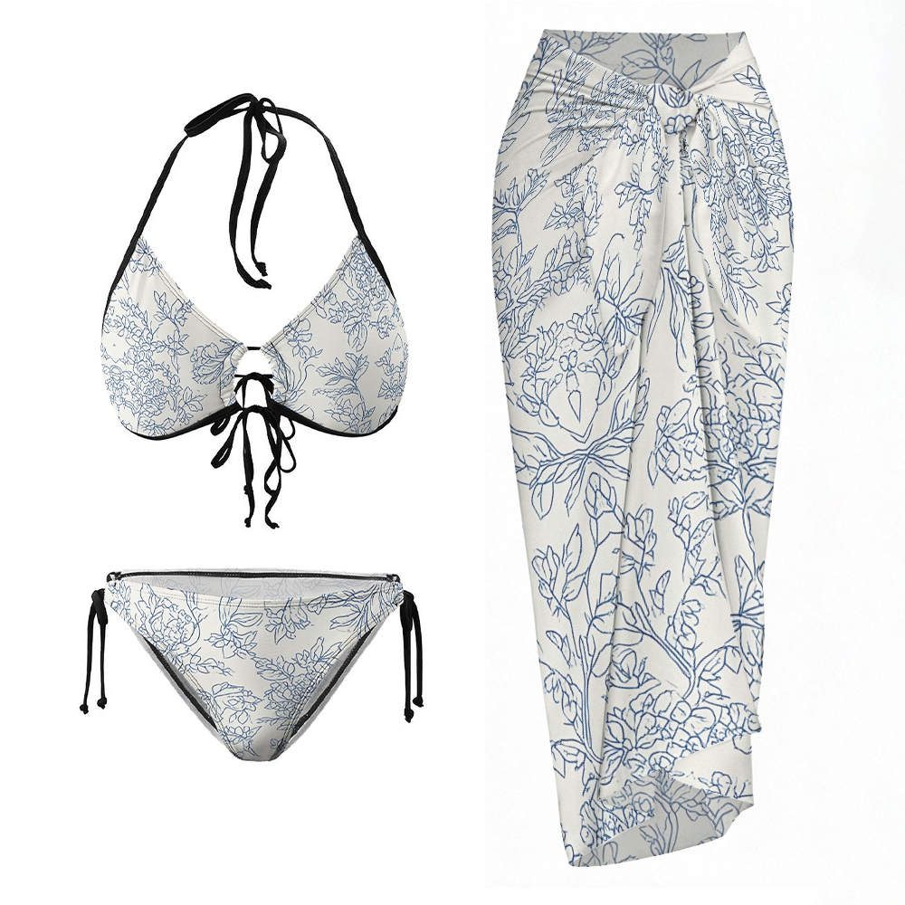 Minimalist Floral Line Halter Bikini Set with Matching Sarong Skirt