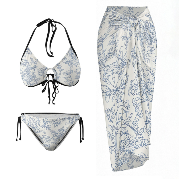 Minimalist Floral Line Halter Bikini Set with Matching Sarong Skirt