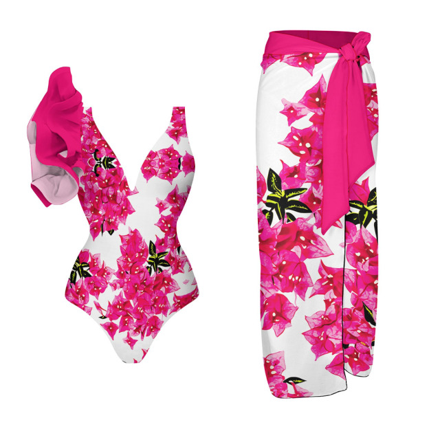 Bougainvillea Print Ruffled One Piece Swimsuit and Wrap Sarong Set