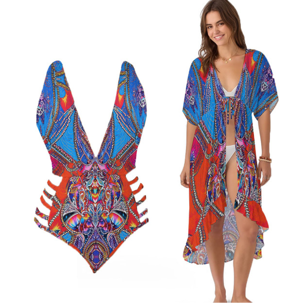 Boho Cutout One-Piece Swimsuit with Matching Tie-Front Cover-Up