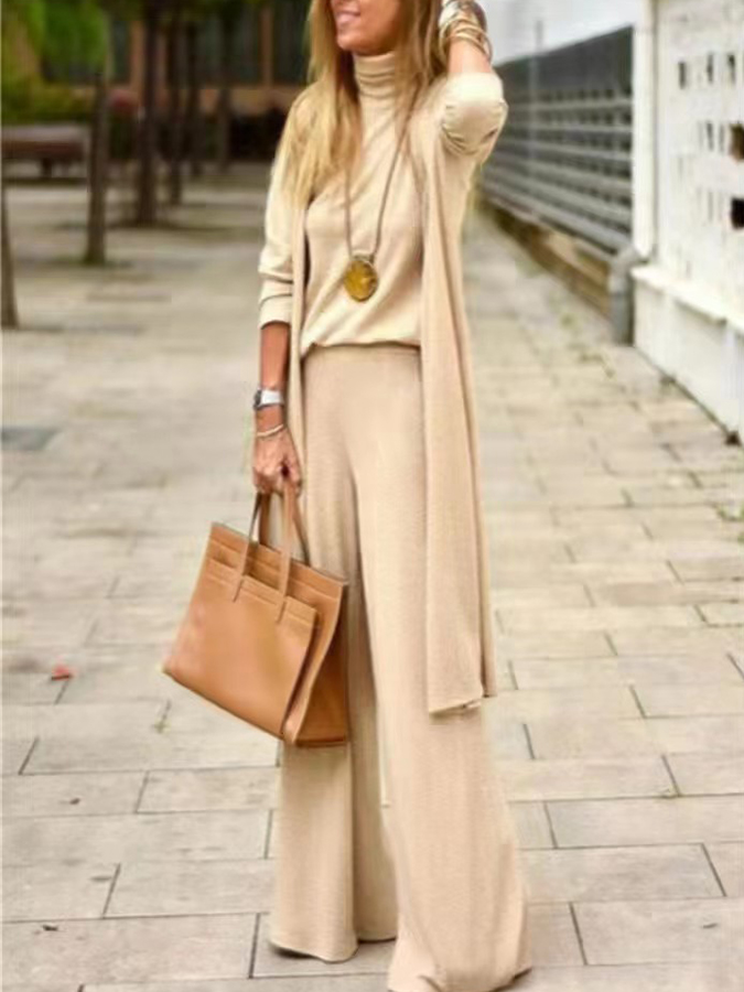Solid Cardigan vest and Pants Three Pieces Sets