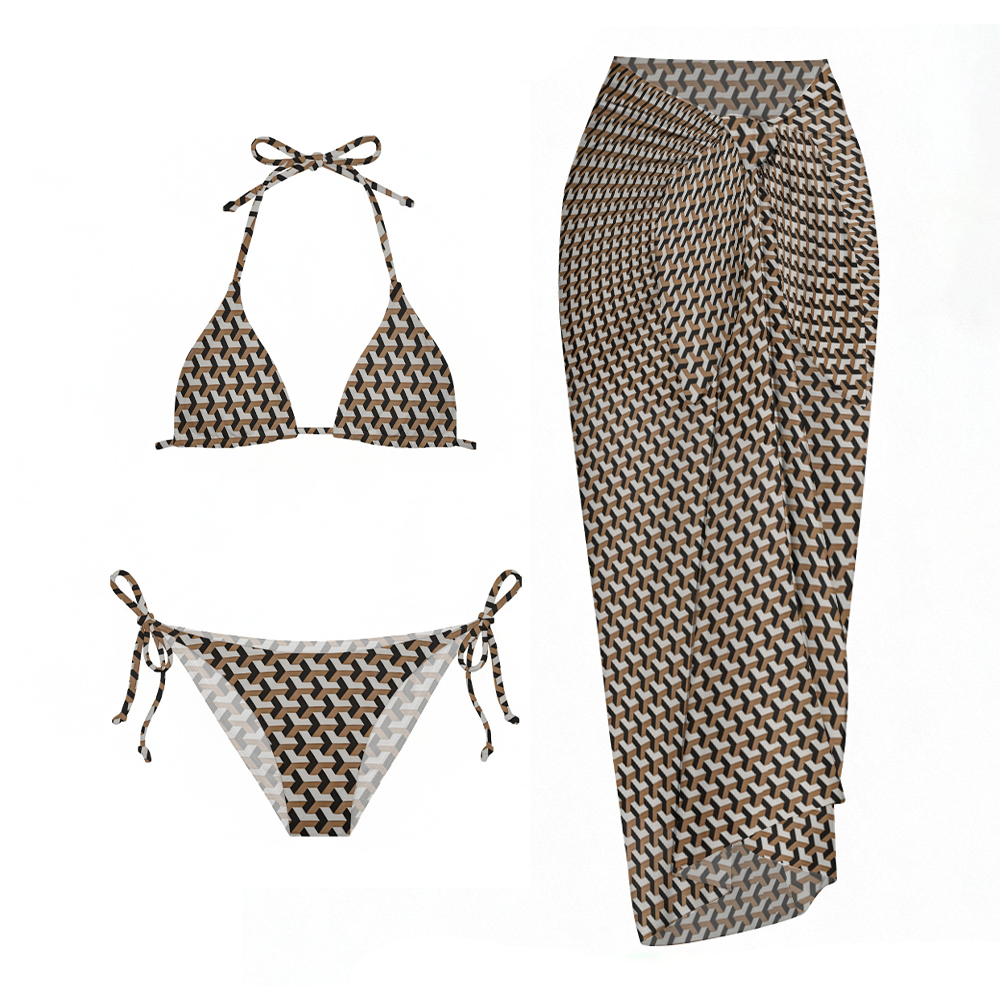 Geometric Print Halter Bikini Set with Side Tie Bottom and Matching Sarong
