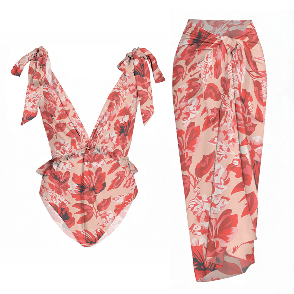 Floral Print Tie Shoulder Straps One Piece Swimsuit and Matching Sarong Skirt