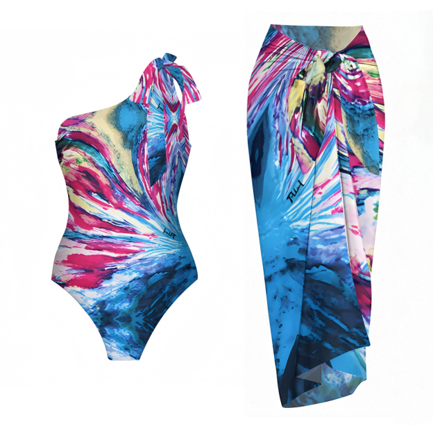 Abstract Print One-Shoulder One-Piece Swimsuit with Matching Sarong Skirt