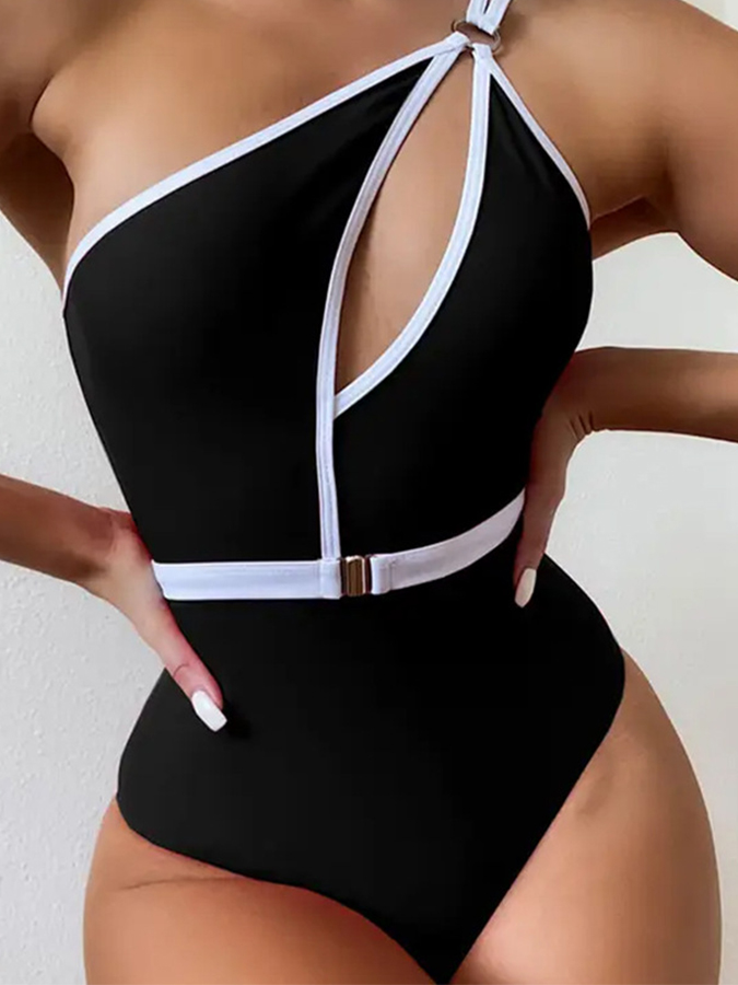 Solid Cut-out One Shoulder One Piece