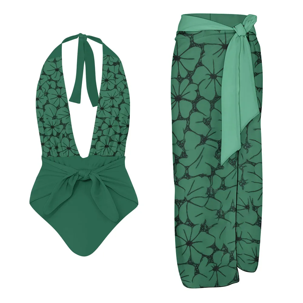 Women's Floral Halter One-Piece Swimsuit with Matching Sarong Skirt