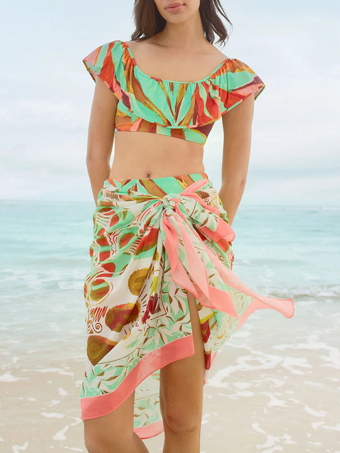 Printed Ruffle Bikini and Sarong Swimwear