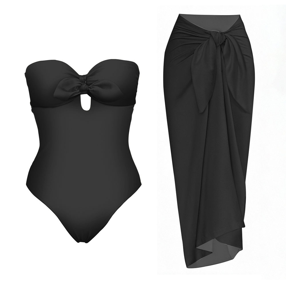 Strapless Bow Front One-Piece Swimsuit with Matching Sarong Skirt