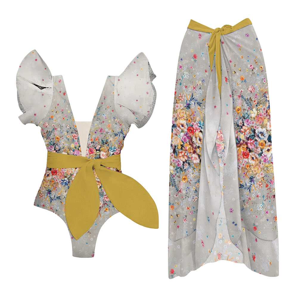 Vintage Floral Ruffled One-Piece Swimsuit with Matching Wrap Skirt