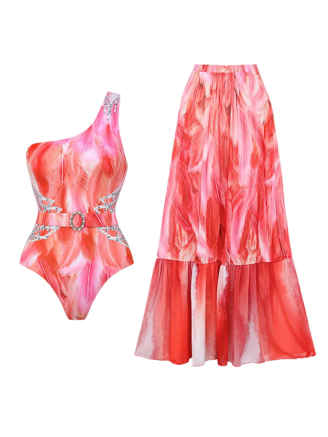 One Shoulder feather Print One Piece Swimsuit and Skirt