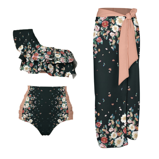 Floral Print One-Shoulder Ruffle High-Waist Bikini with Matching Sarong Skirt