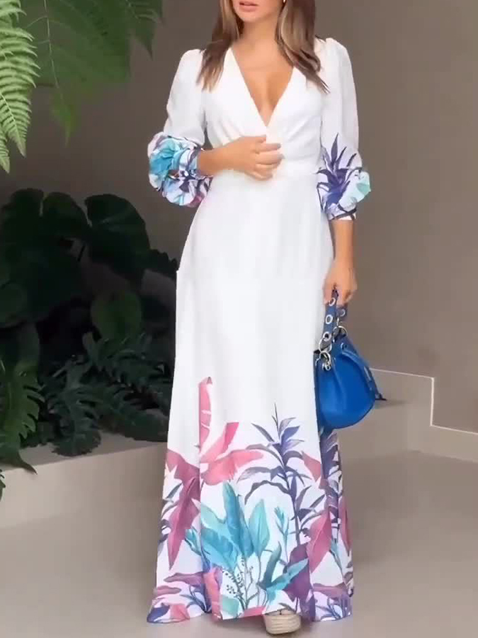 White Long Sleeves Floral Printed V Neck Maxi Dress