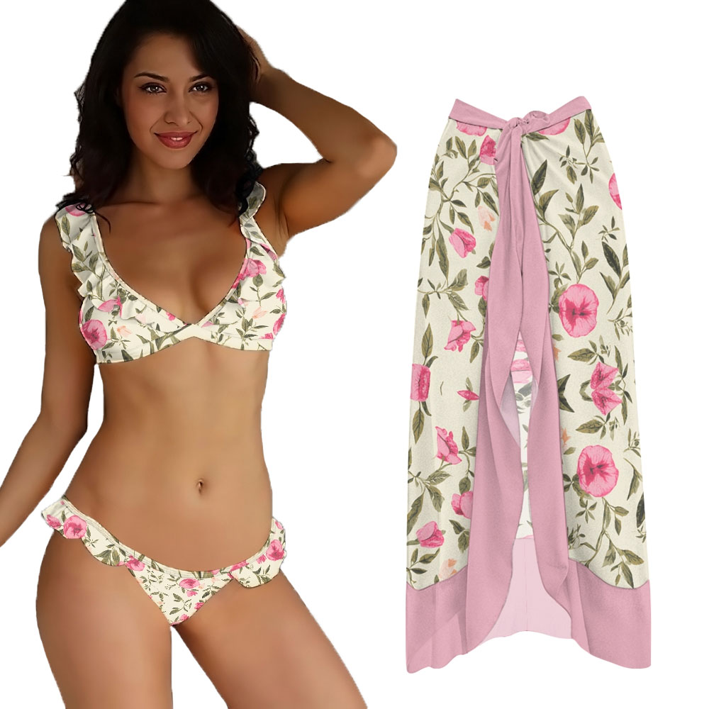 Floral Ruffle Bikini Set with Matching Wrap Skirt