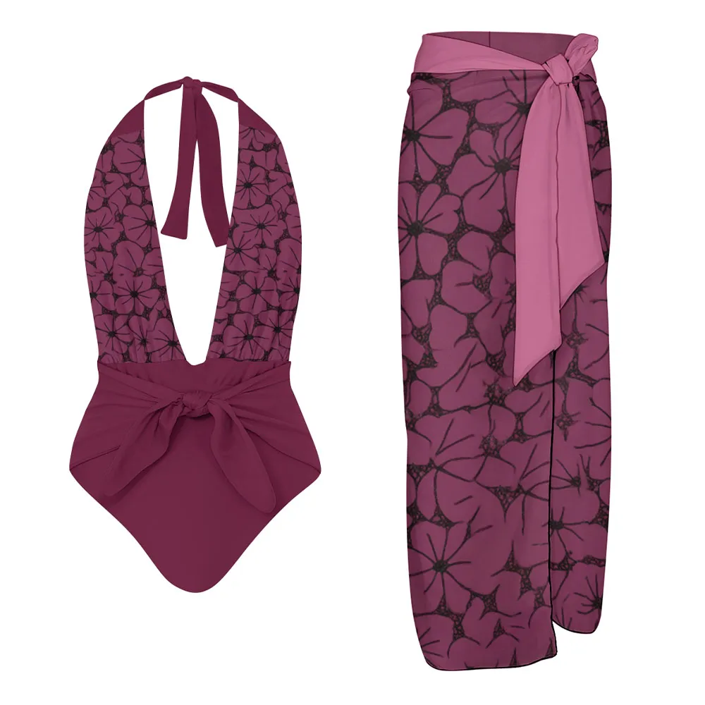 Women's Floral Halter One-Piece Swimsuit with Matching Sarong Skirt