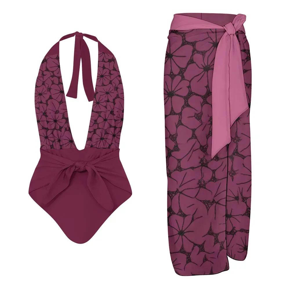 Women's Floral Halter One-Piece Swimsuit with Matching Sarong Skirt