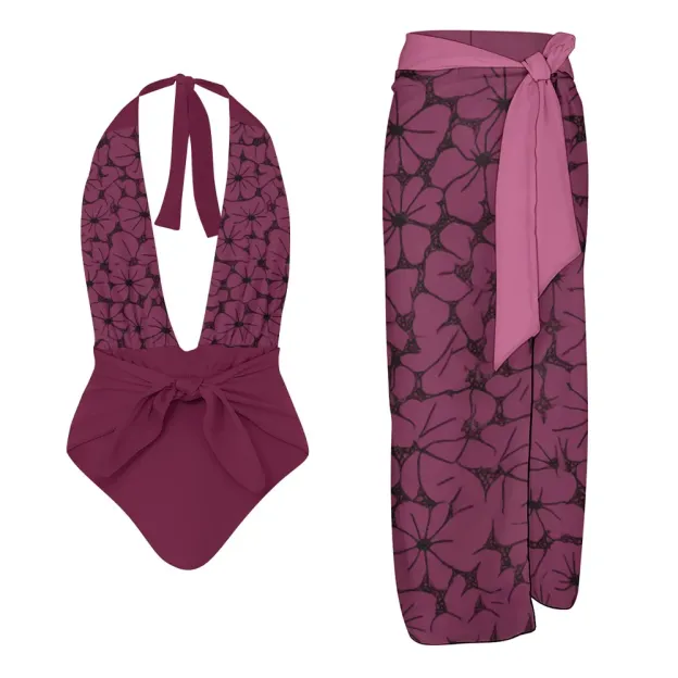 Women's Floral Halter One-Piece Swimsuit with Matching Sarong Skirt
