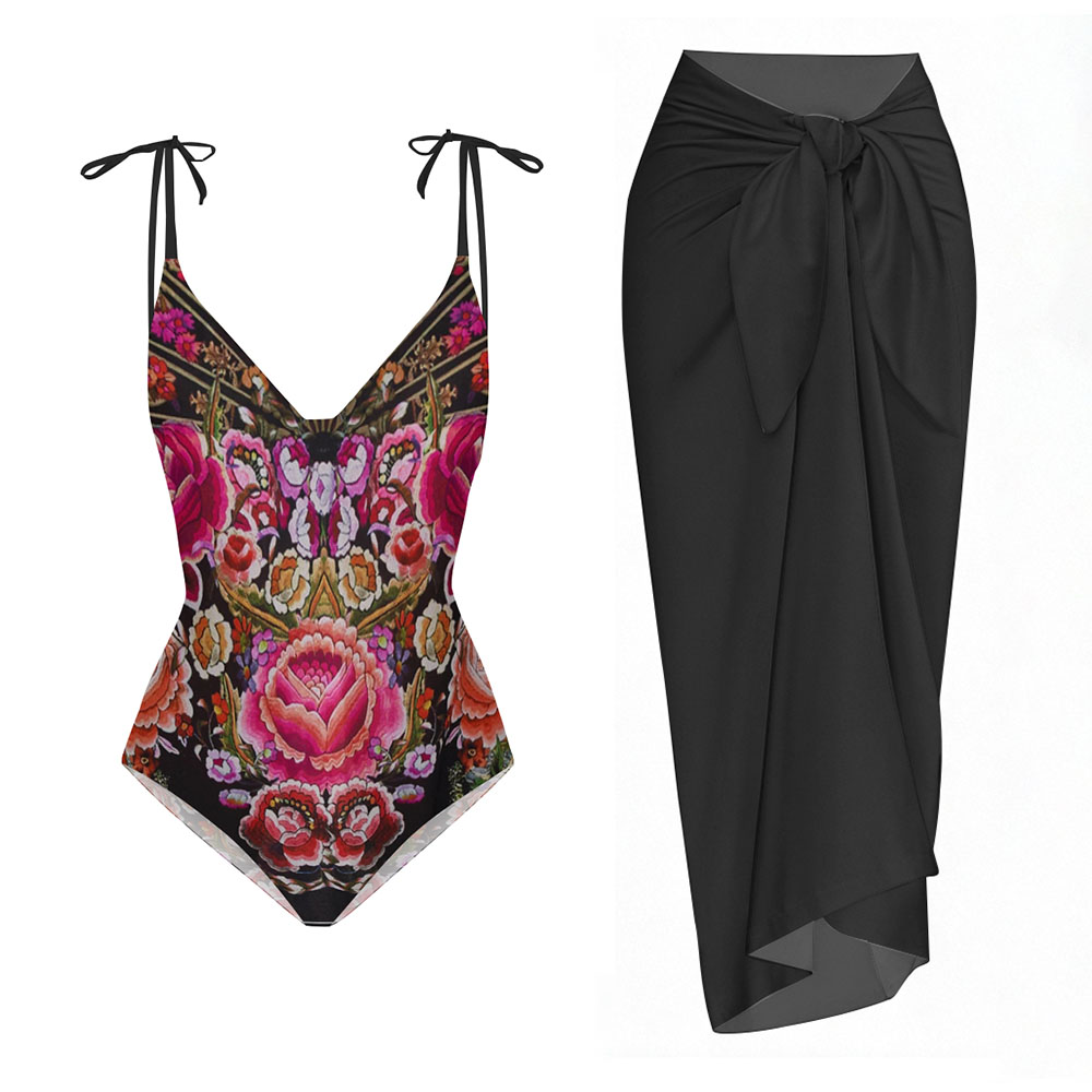 Vintage Floral One-Piece Swimsuit with Black Sarong Skirt