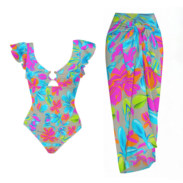 Bold Floral Ruffled One-Piece Swimsuit with Coordinating Sarong Skirt