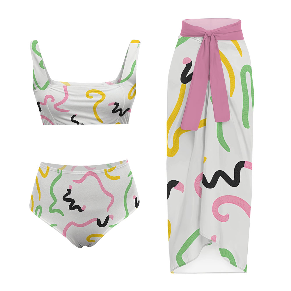 Women's wave-colored cartoon-style one-piece swimsuit and matching sarong skirt set