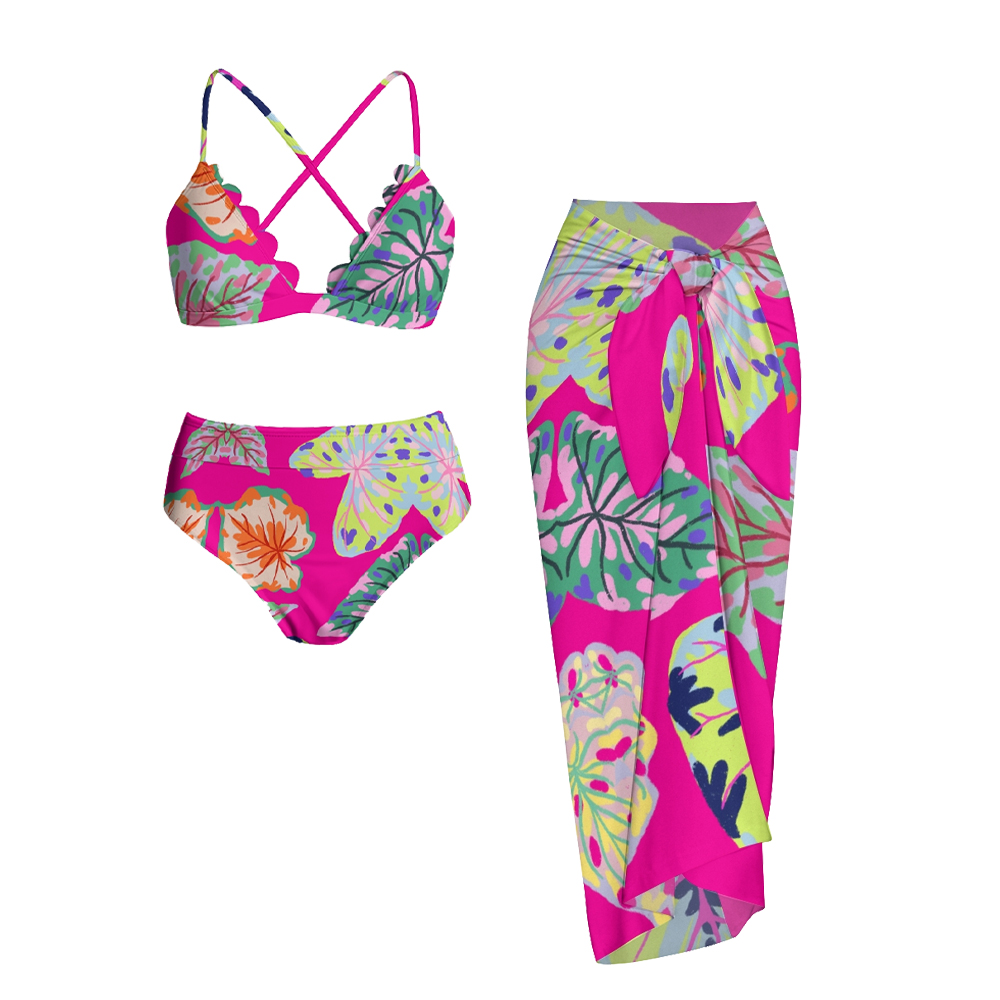 Tropical Floral Three-Piece Bikini Set