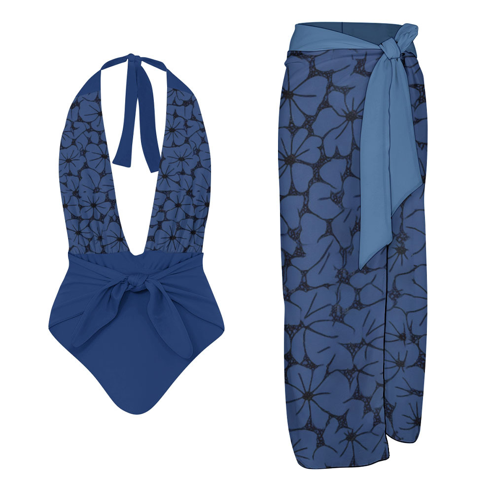 Women's Floral Halter One-Piece Swimsuit with Matching Sarong Skirt