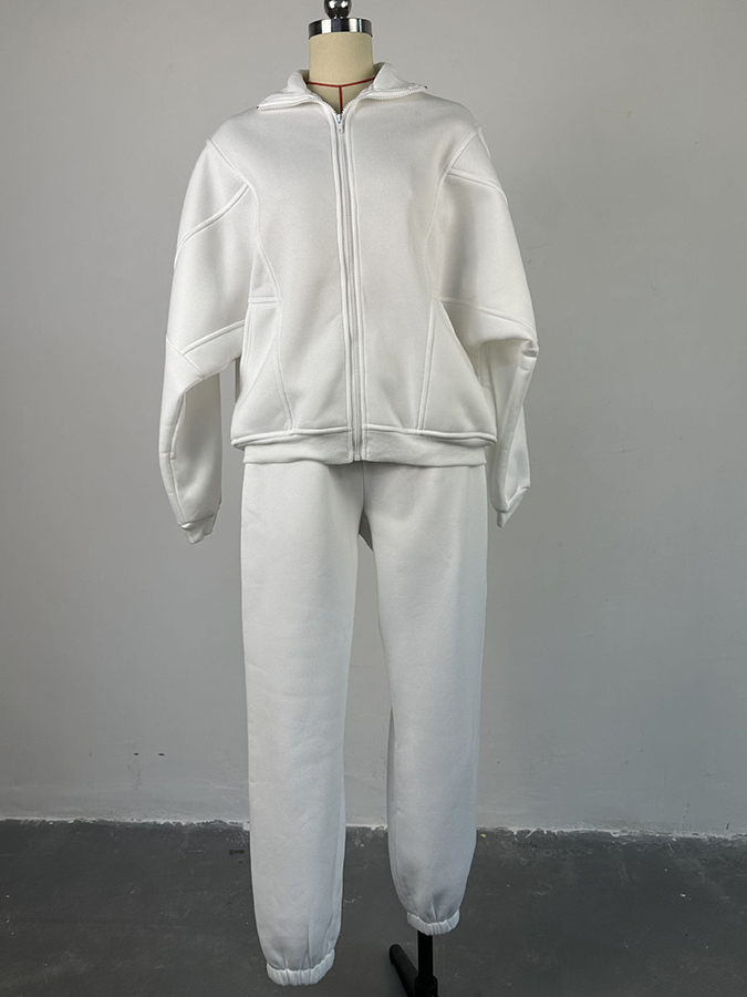 Plush Standing Collar Long Sleeved Sweatshirt and Pants Casual Suit