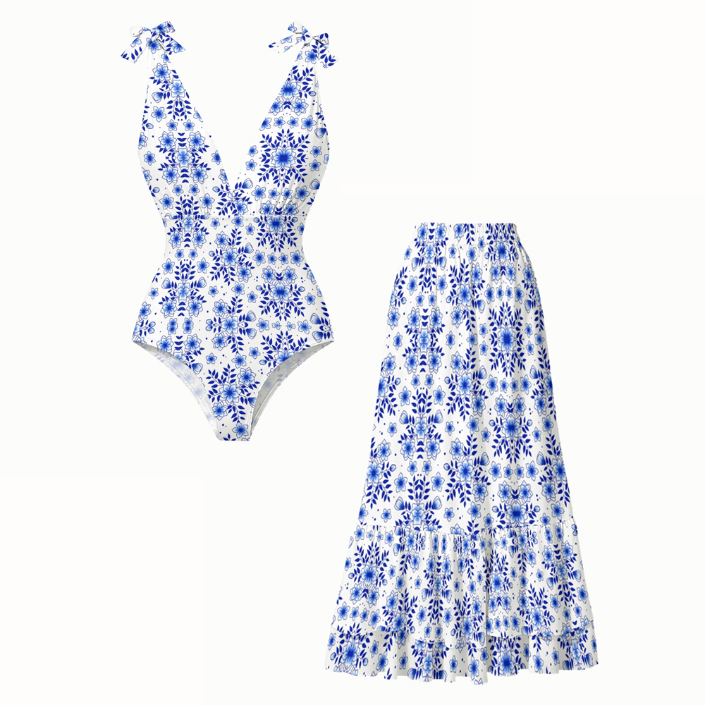 Blue and White Floral Print Swimsuit with Maxi Dress