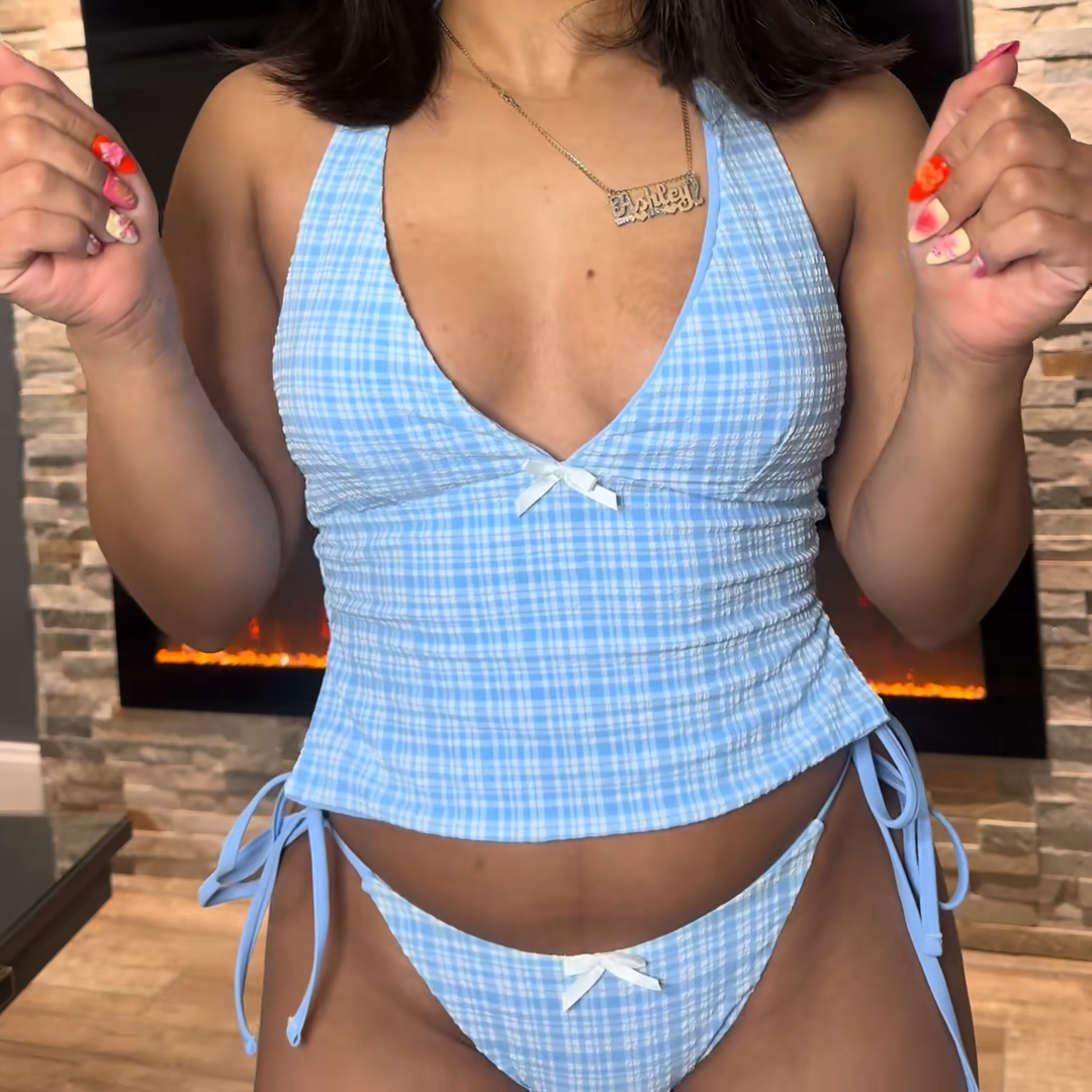 Women's Checkered Tie-Front Halter Tankini Set