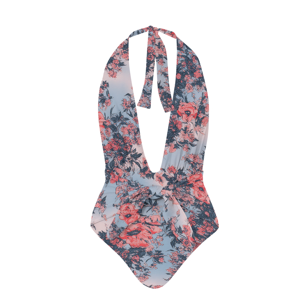 Tropical Floral Halter One-Piece Swimsuit with Scenic Print Pants Set