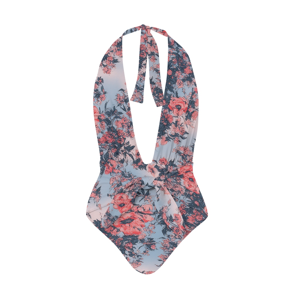 Tropical Floral Halter One-Piece Swimsuit with Scenic Print Pants Set