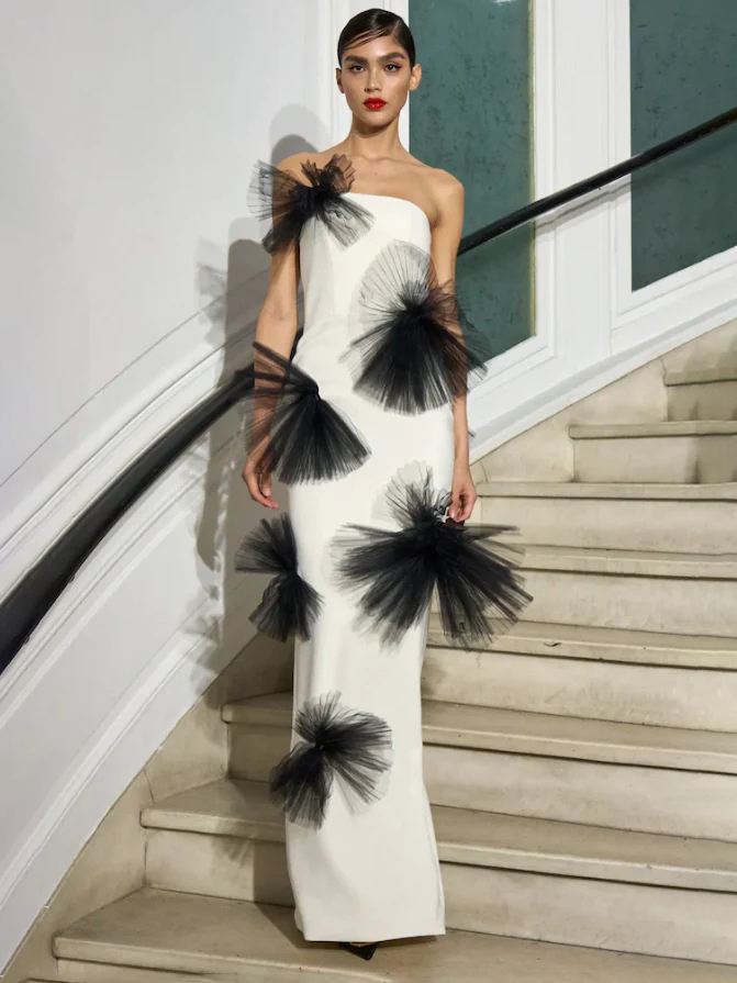 Strapless Pleated Tulle Bow Maxi Dress