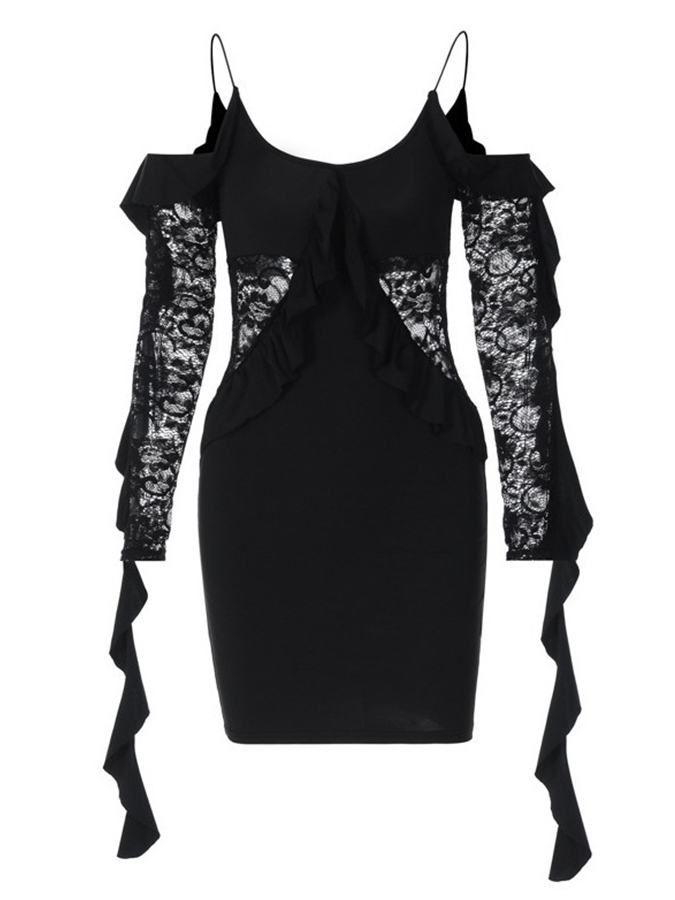 Lace Paneled Ruffle Sleeves Tassel Mini Party Dress