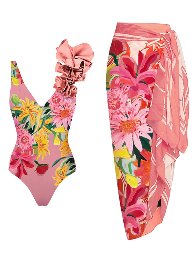 One Shoulder 3D Flower Pattern Print One Piece Swimsuit and Sarong