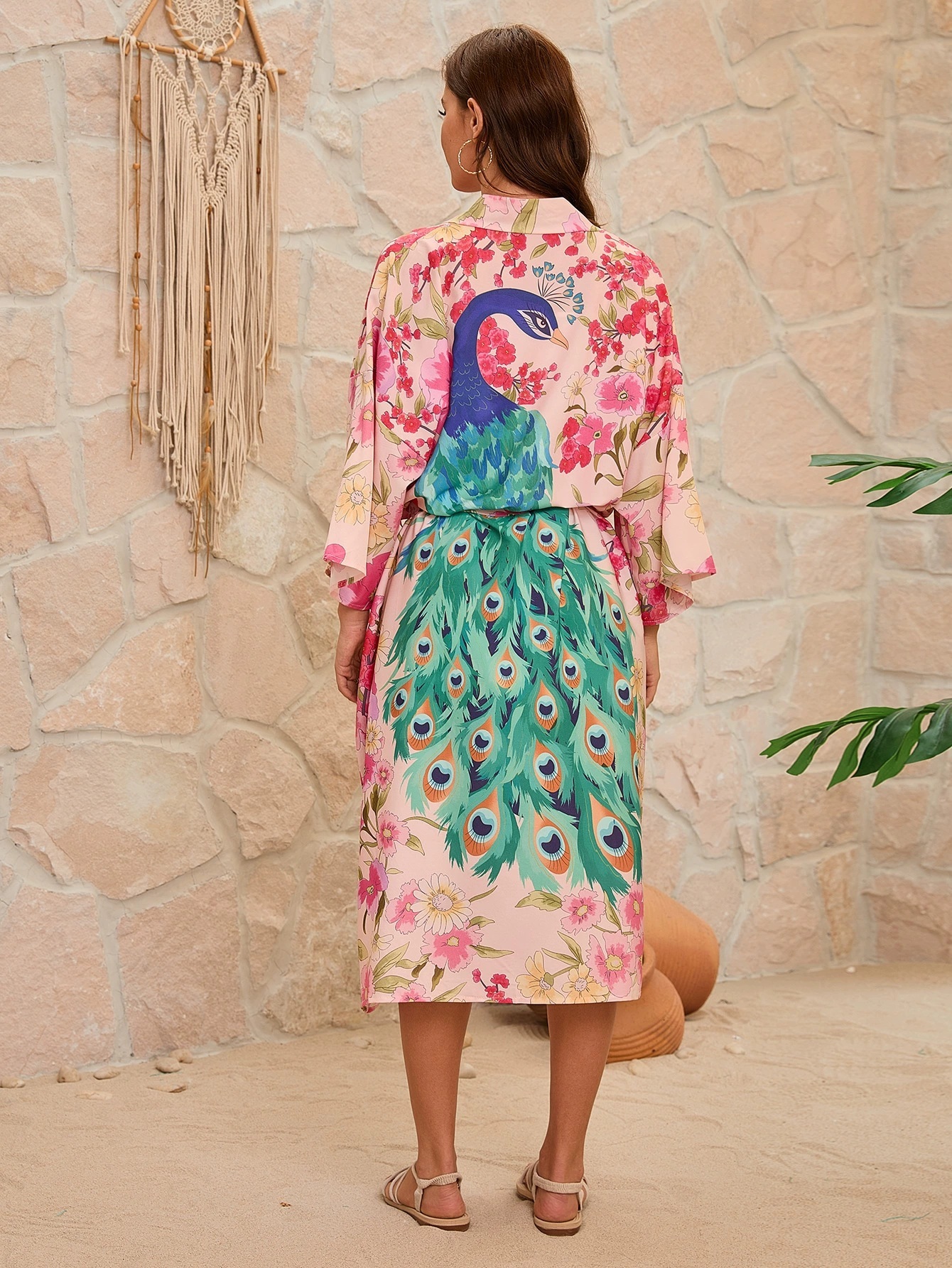 Peacock Print Loose Beach Cover-Up