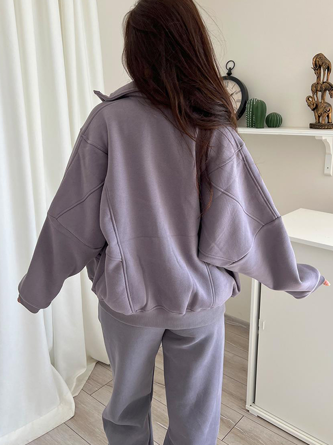 Plush Standing Collar Long Sleeved Sweatshirt and Pants Casual Suit