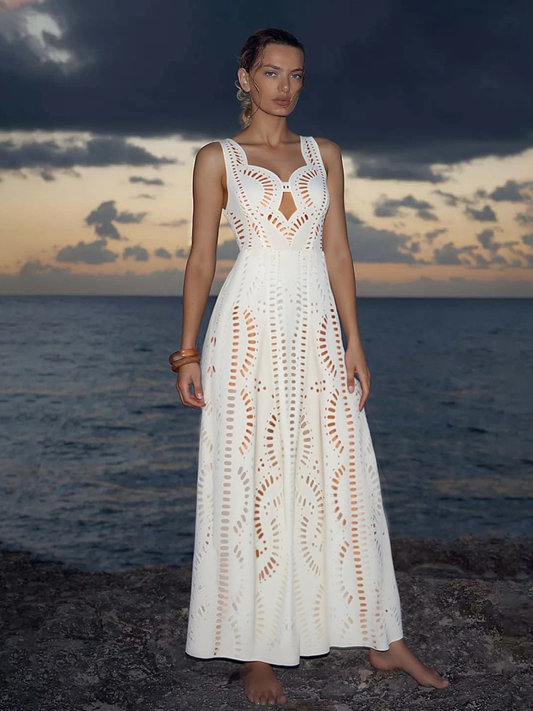 White Geometric Laser Cut Swimsuit with Matching Cover Up Skirt
