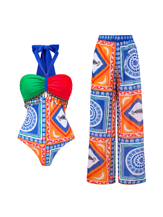 Halter Printed One Piece and Pants Swimwear