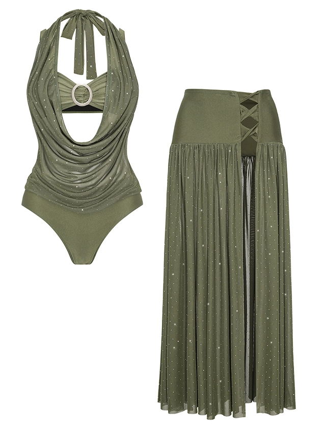 Luxury Olive Green Rhinestone Mesh Draped Halter O-Ring Bikini with High Waist Split Skirt 3 Piece Set