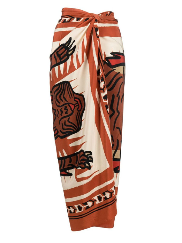 Caramel Halter Ruched High-Waist Bikini with Ethnic Tiger Print Wrap Skirt Set